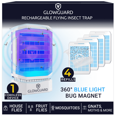 GlowGuard Cordless Rechargeable Bug Trap; Catches Fruit Flies, Gnats & Mosquitoes; White, 1 Device   4 Refills
