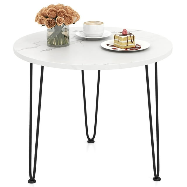 Gymax Small Round Faux Marble Coffee Table with Thickened Tabletop and Metal Tripod Legs, White