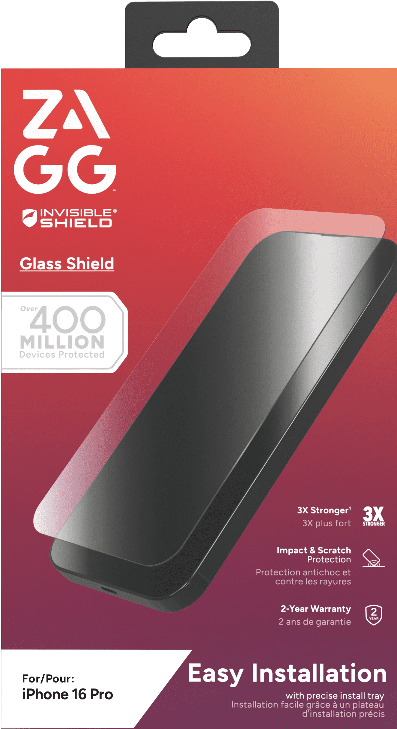 ZAGG InvisibleShield – Apple iPhone 16 Pro Glass Shield Clear Screen Protector, Easy Installation with Precise Install Tray, 3x Stronger Glass, Impact & Scratch Protection