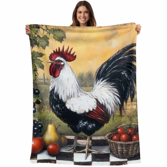 Black White Vintage Rooster Blanket Soft Cozy Warm Throw Blanket for Couch, Plush Fuzzy Flannel Fleece Blankets for Sofa, Pastoral Animals Watercolor Bed Blankets Lightweight Gifts for Women, 50"x80"