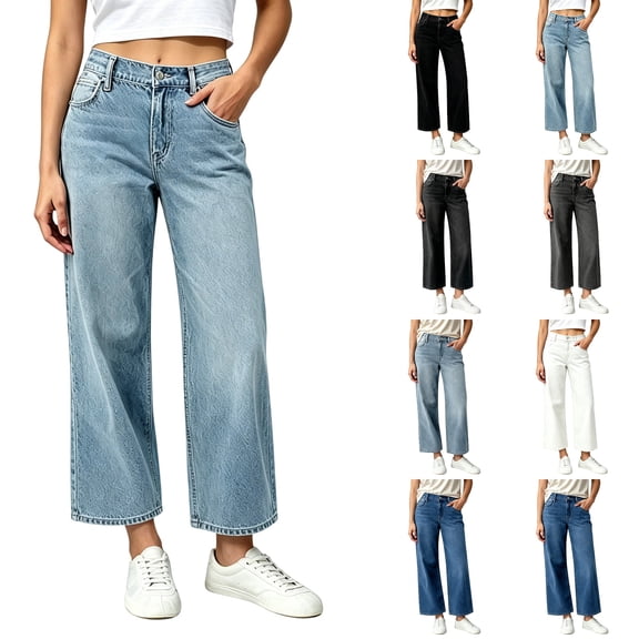 Nugftut Womens Jeans High Waisted Straight Leg Cropped Denim Pants with Pockets Everyday Versatile Loose Jeans