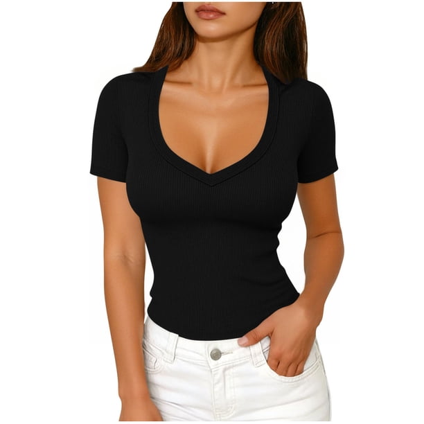 Camisas de Manga Corta para Mujeres Casual con Cuello en V Plisado, Camisetas de Color Sólido para Primavera Verano