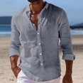thumbnail image 2 of LNZGNM Mens Linen Cotton Shirts Button Long Sleeve Lapel Shirt Beach Summer Lightweight Solid Color Shirts Casual Outdoor Tops,Gray XL, 2 of 4
