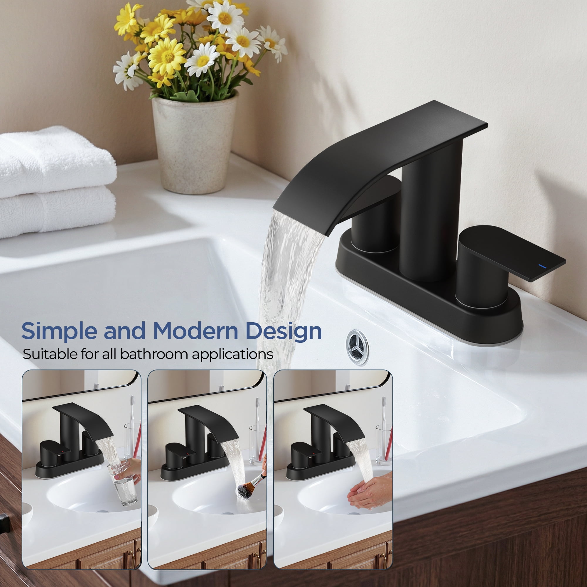TVOFEK Waterfall Centerset Bathroom Faucets for 2 or 3 Hole with Metal Pop up Drain and cUPC Hose, 4 inch Matte Black Two Handles Basin Sink Faucet for Vanity RV Lavatory