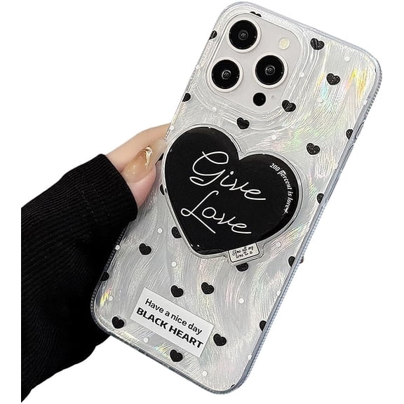 Designed for iPhone Case,Cute Love Heart Pearl Pattern with Love Heart Kickstand Shockproof Protective Cover Phone Case (iPhone 15,Black)