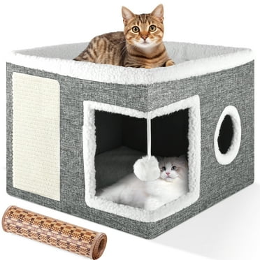 Cat Bed, YUWENUS Cat House for Indoor Cats with 2 Cushion, Large Cat Cave with Scratch Pad and Fluffy Ball Hanging, Grey