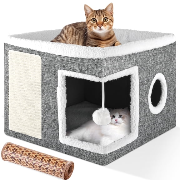 Cat Cube for Indoor Cats with Cooling Mat & Storage Pocket, Foldable Cat House Condo with Scratch Pad and Hanging Ball, Grey