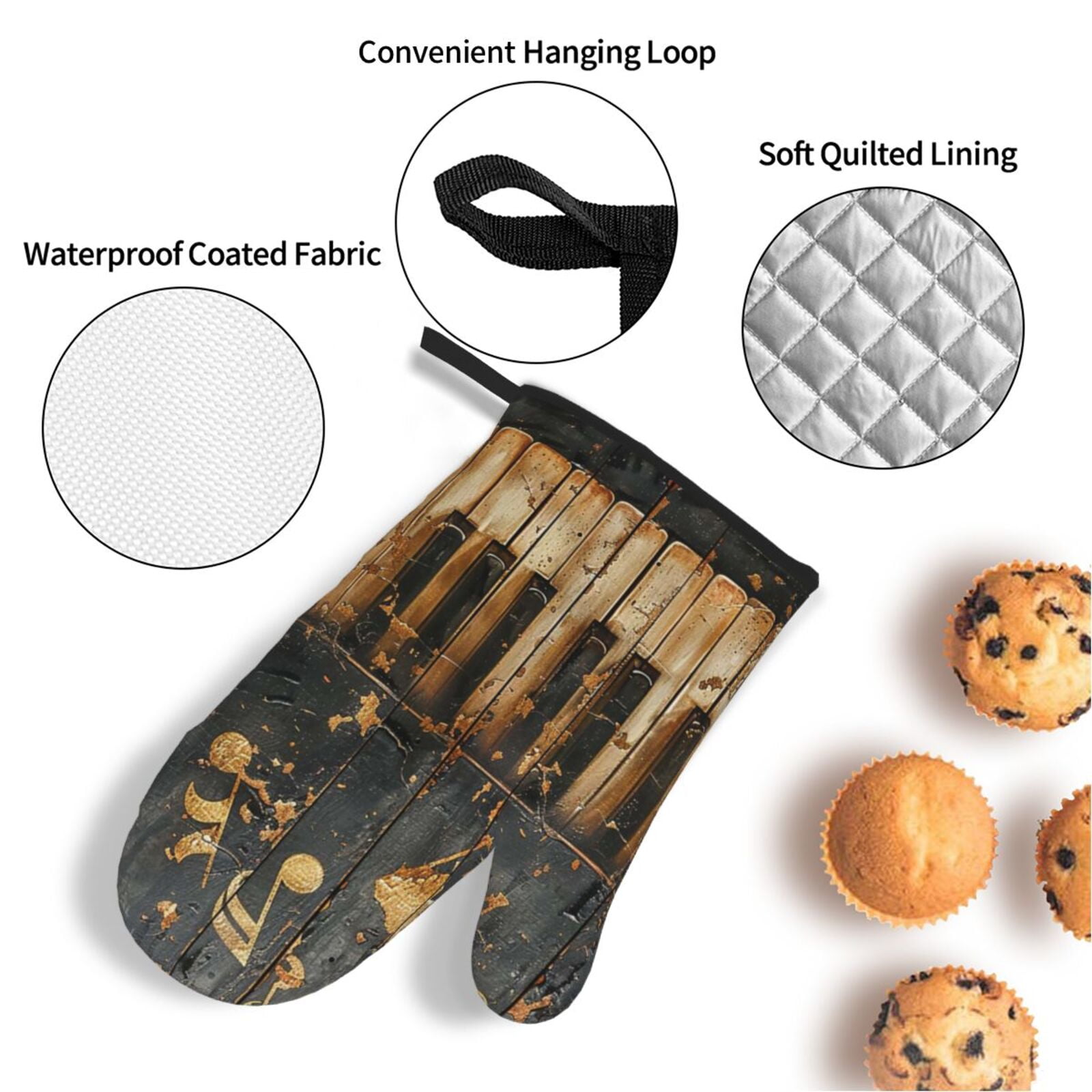 Musical Notes Piano Vintage Golden 4Pcs Oven Mitts and Pot Holders Sets Oven Kitchen Gloves Hot Pads for Cooking BBQ Baking Grilling
