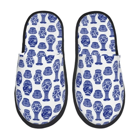 Balery Blue Vases Slient Indoor Furry Fleece Comfort House Shoes Soft Non-Slip Home Shoes Cotton slippers House Slippers-- Large