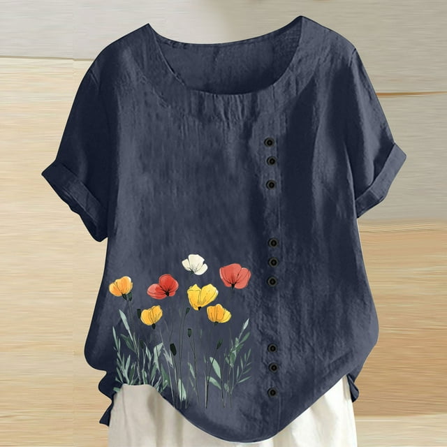 LOVZFMLL Women's Summer Tops Summer Round Neck Short Sleeve Casual Fashion Printed Button T-Shirt