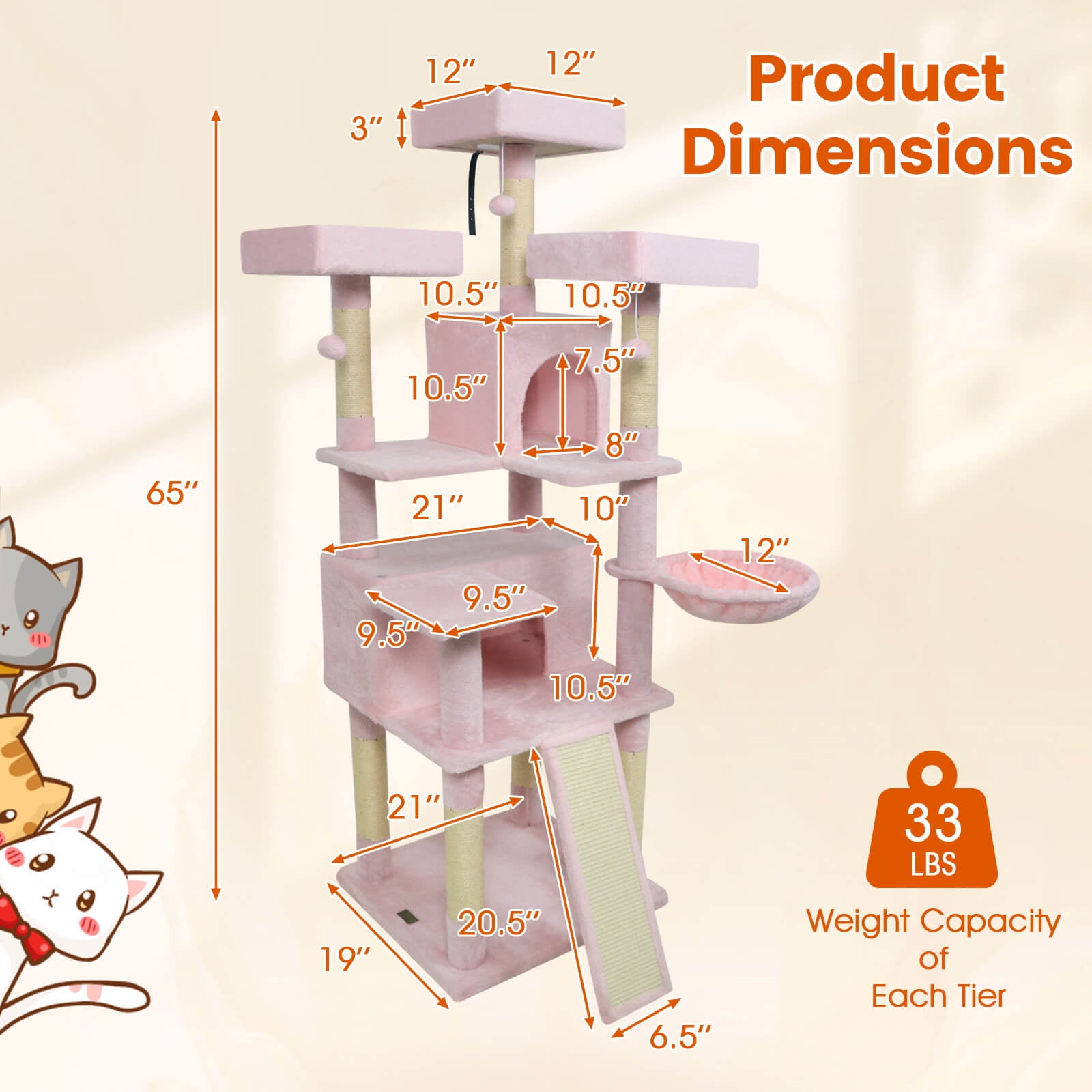 Costway 65” Tall Multi-level Cat Tree with 3 Upholstered Top Perch 2 Cat Condos Cat Basket Pink