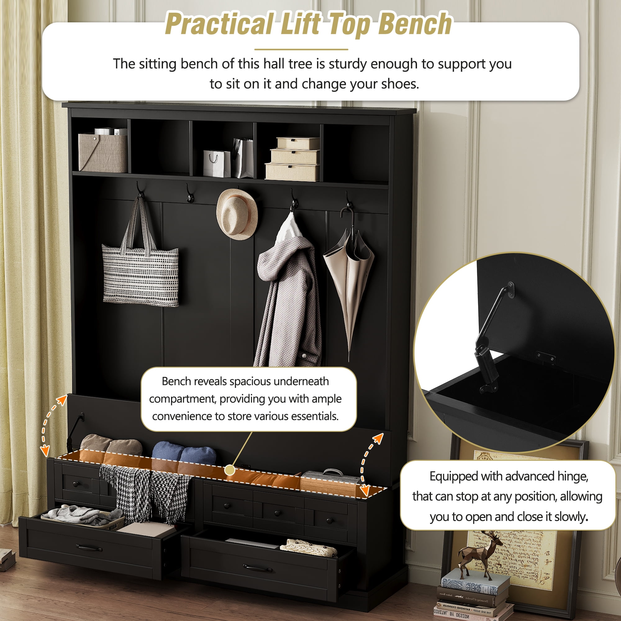 Euroco Elegant Wide Hall Tree with 5 Hooks, Lift-Top Storage Bench with 2 Drawers, Retro Wooden 3-in-1 Coat Rack with Black Handles for Entryway, Mudroom, Living Room
