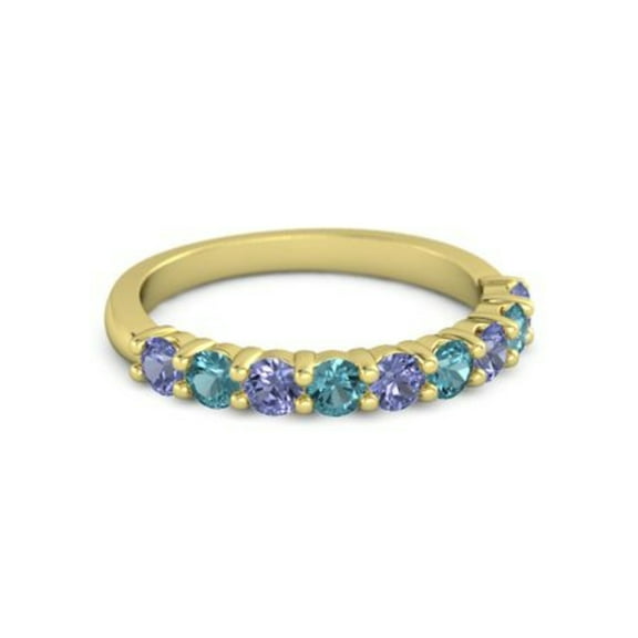 925 Silver Round 2.5MM Tanzanite London Blue Topaz Eternity Yellow Plated Ring