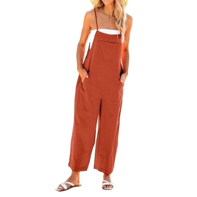 Staron Spring Summer Jumpsuits for Women Casual Sleeveless Belted High Waist Long Pants Rompers Solid Color Fashion One Piece, Orange S