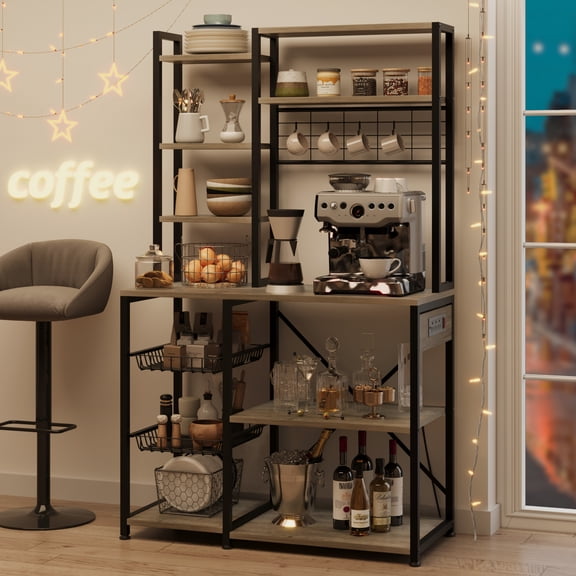 Kitchen Bakers Rack with Power Outlet,7-Tier Microwave Oven Stand With 2 Wire Baskets and Storage Shelf,Coffee Bar with Hooks,Kitchen Storage Shelf Rack for Spices Pots