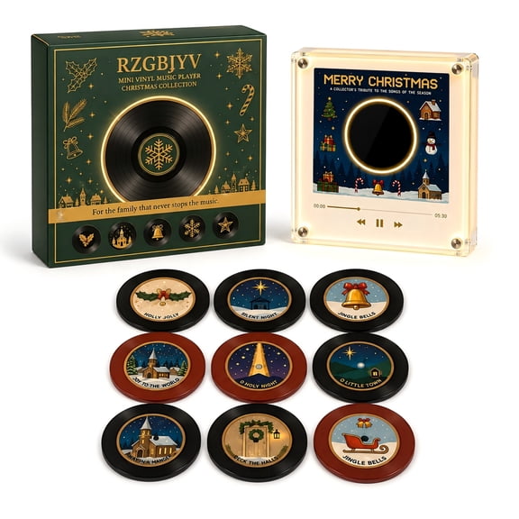 Christmas Mini Vinyl Music Player Set, Magnetic Fridge Music Box with 9 Programmable NFC Records, 256MB Storage, LED Acrylic Display for Refrigerator & Holiday Decor