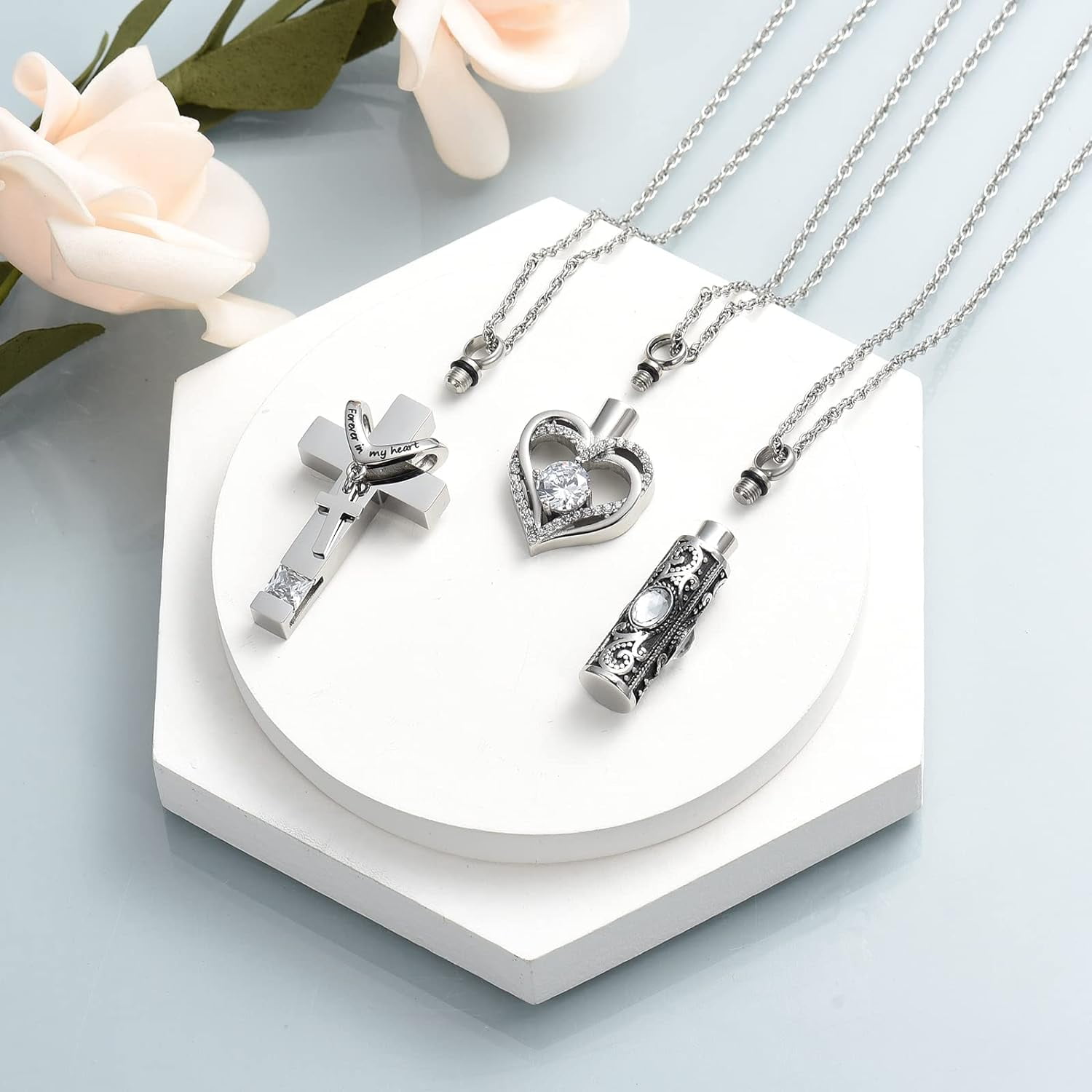 3 Pack Urn Necklace for Ashes for Women Gilrs Heart Cross Cylinder Cremation Jewelry for Ashes Memorial Keepsake Birthstone Pendant
