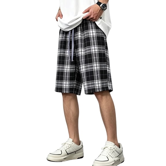 GrmtClth Mens Daily Casual Plaid Shorts Wide Leg Relaxed Silhouette Classic Check Design Elastic Waist Multi Person Gathering Outdoor Activity Clothing Black S
