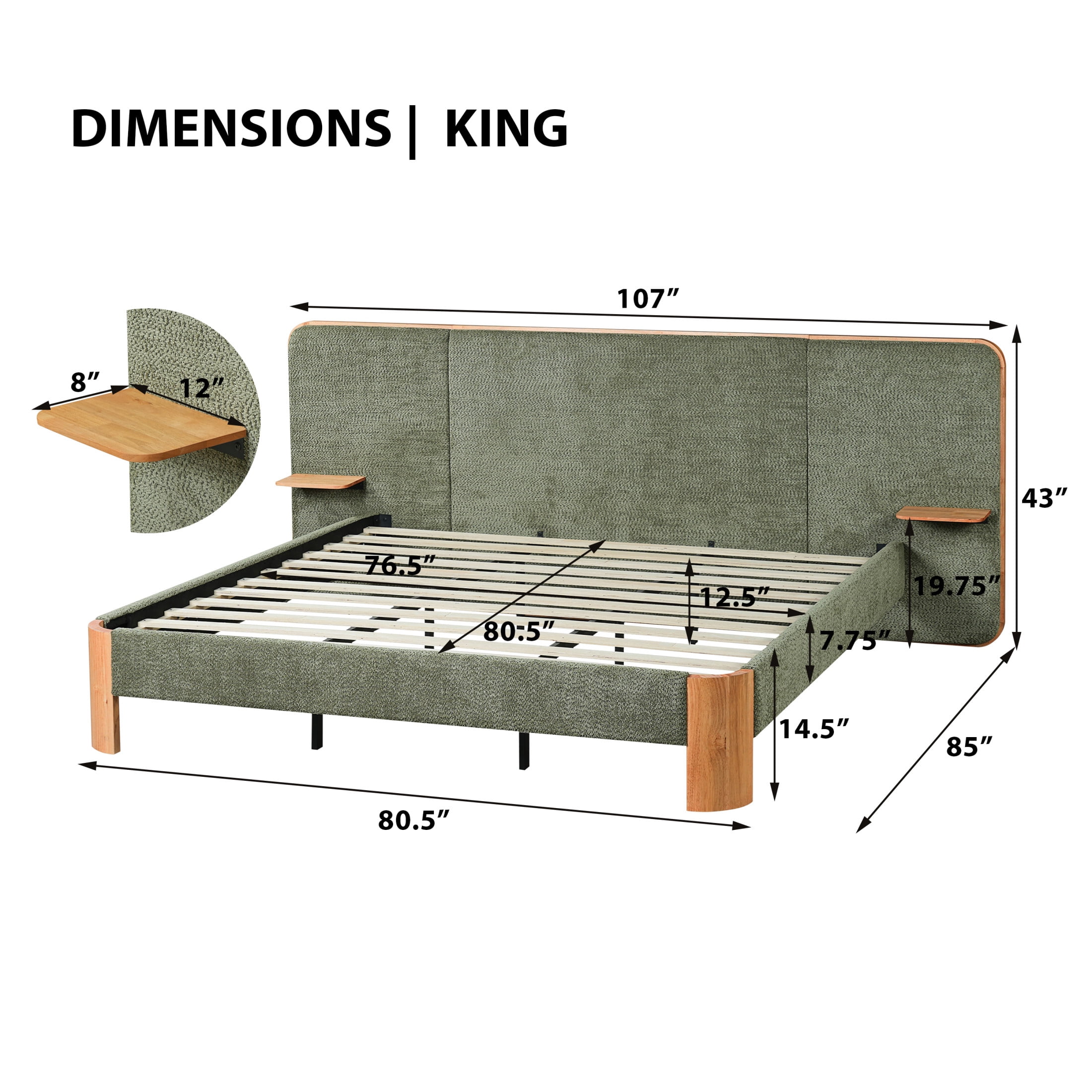 Christopher Knight Home King Upholstered Platform Bed Frame with Floating Shelves, Green and Natural