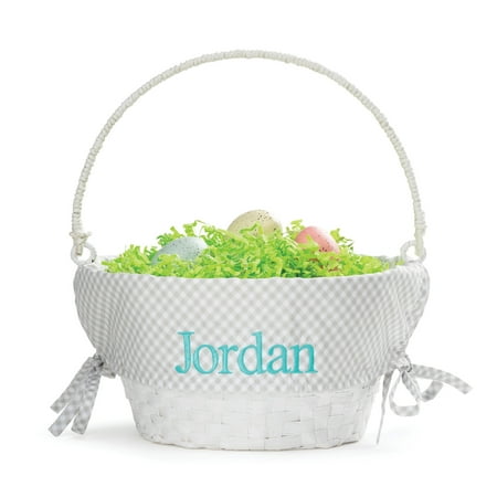 Personalized Planet Gray and White Liner with Custom Name Embroidered in Blue Thread on White Woven Spring Easter Basket with Collapsible Handle for Egg Hunt or Book Toy Storage
