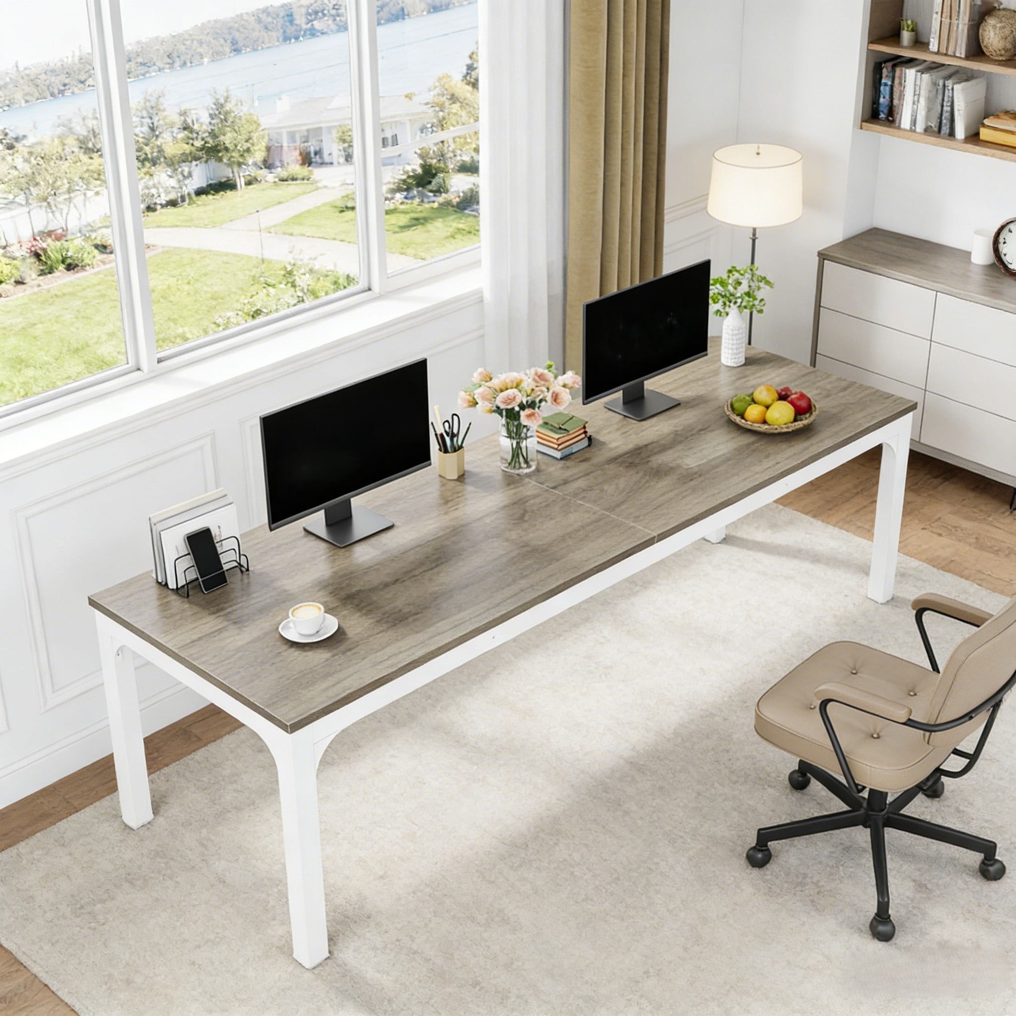 Fnova 78.7" Modern Computer Desk with Wood Desktop, Metal Frame Office Desk, Gray White