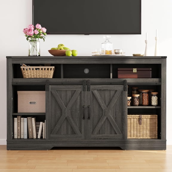 Farmhouse TV Stand for 23" Fireplace, 34'' Tall Entertainment Center for 65  Inch TV, Rustic TV Console with Sliding Bar Door for Living Room (Dark Grey)