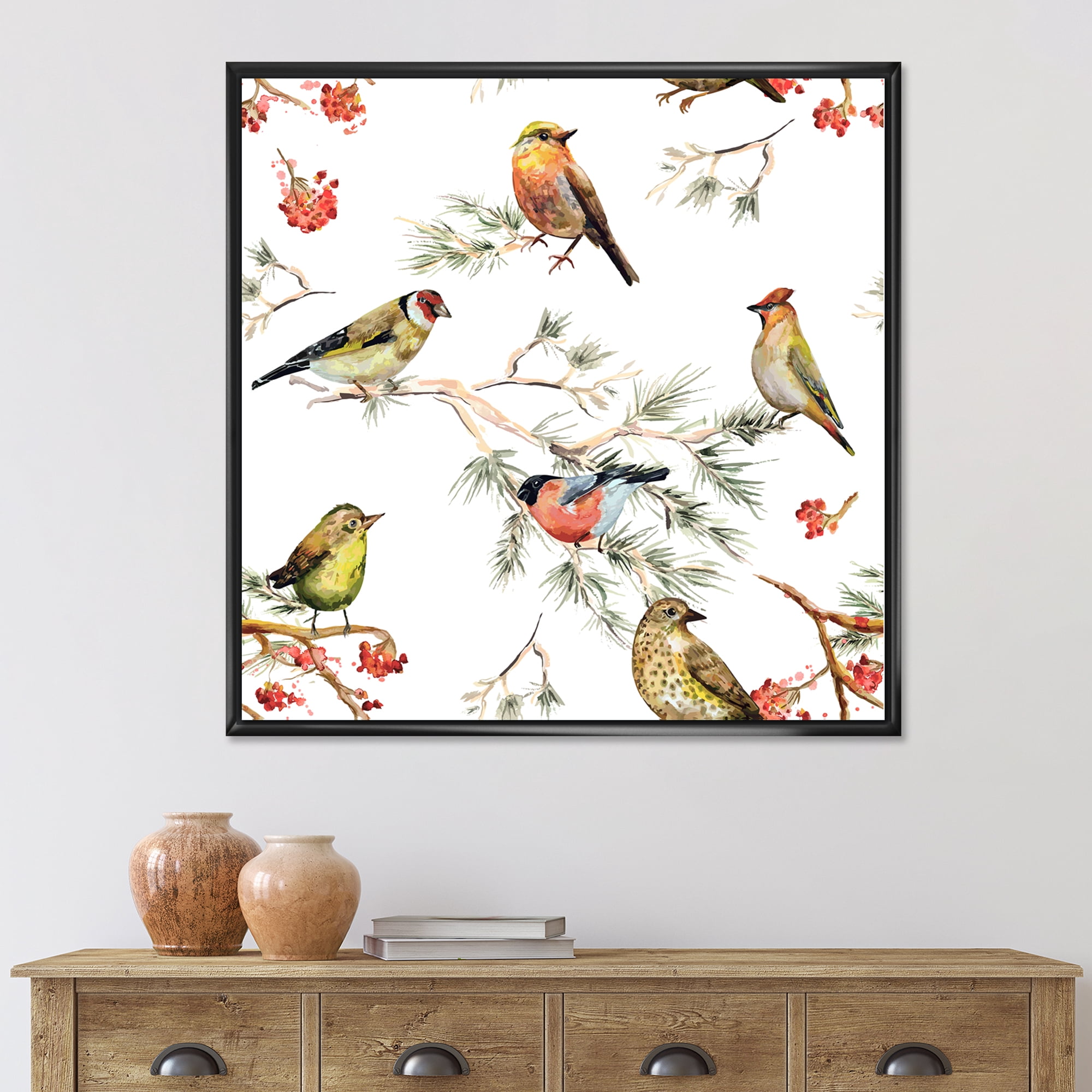 Designart 'Forest Birds Sitting On Branches' Traditional Framed Canvas Wall Art Print