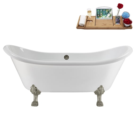 71" Streamline N5100BNK-BNK Soaking Clawfoot Tub and Tray With External Drain in Brushed Nickel and Brushed Nickel Clawfeet