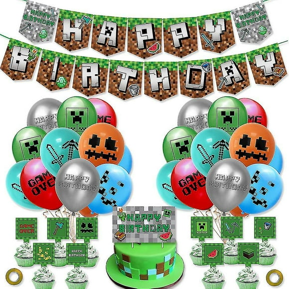 Minecraft Game Theme Balloons Banner Cake Topper Ribbon Set Birthday Party Decor