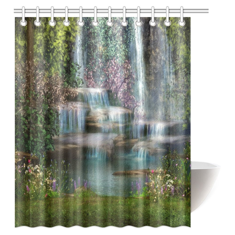 MYPOP Waterfall Decor Shower Curtain, Magical Landscape with Waterfalls