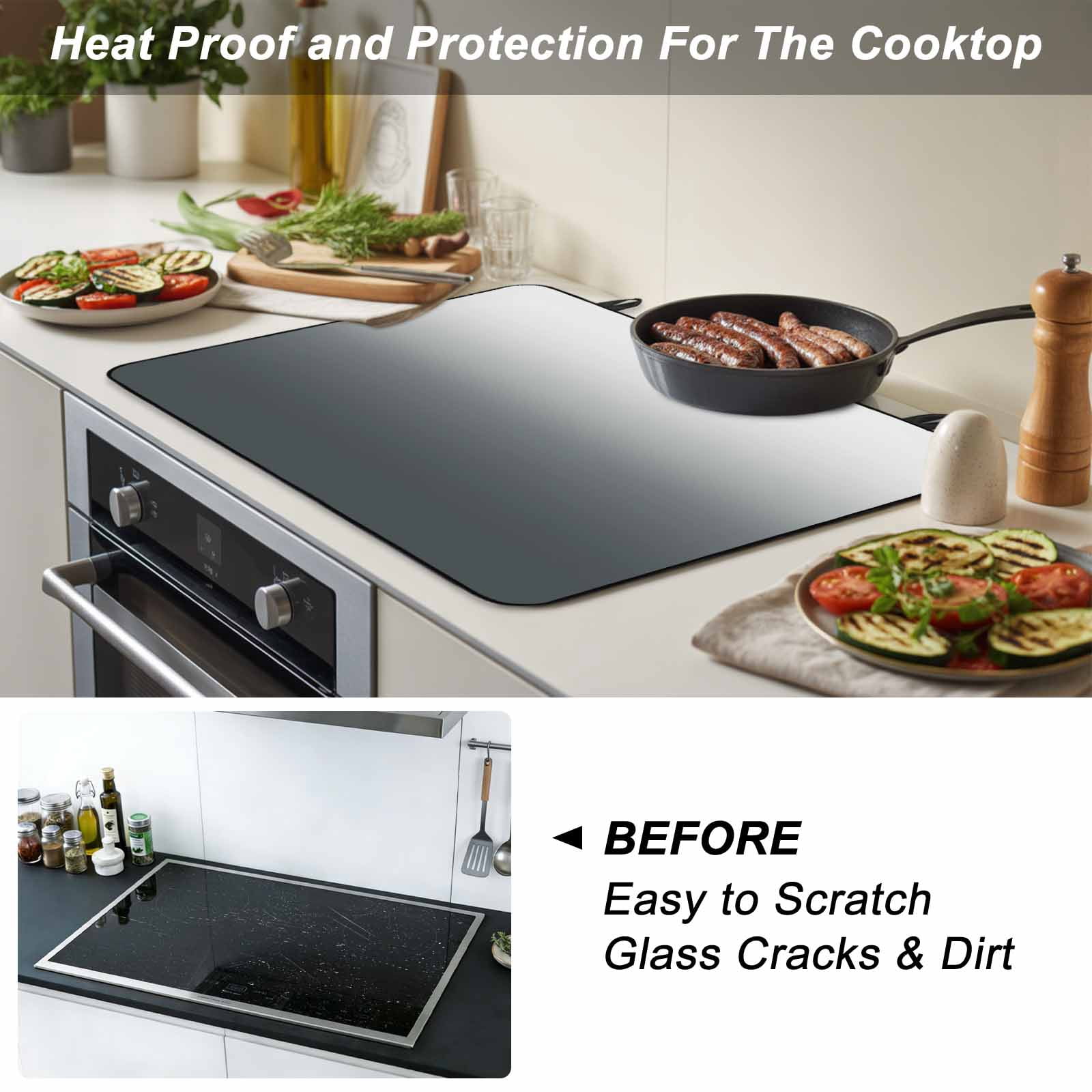 Grey Ombre Stove Top Cover for Electric Stove, Heat-proof & Non Slip Glass Top Stove Cover Protector, Gray White Gradient Modern Abstract Art Kitchen Flat Cooktop Rubber Mat 28.5x20.5 Inches