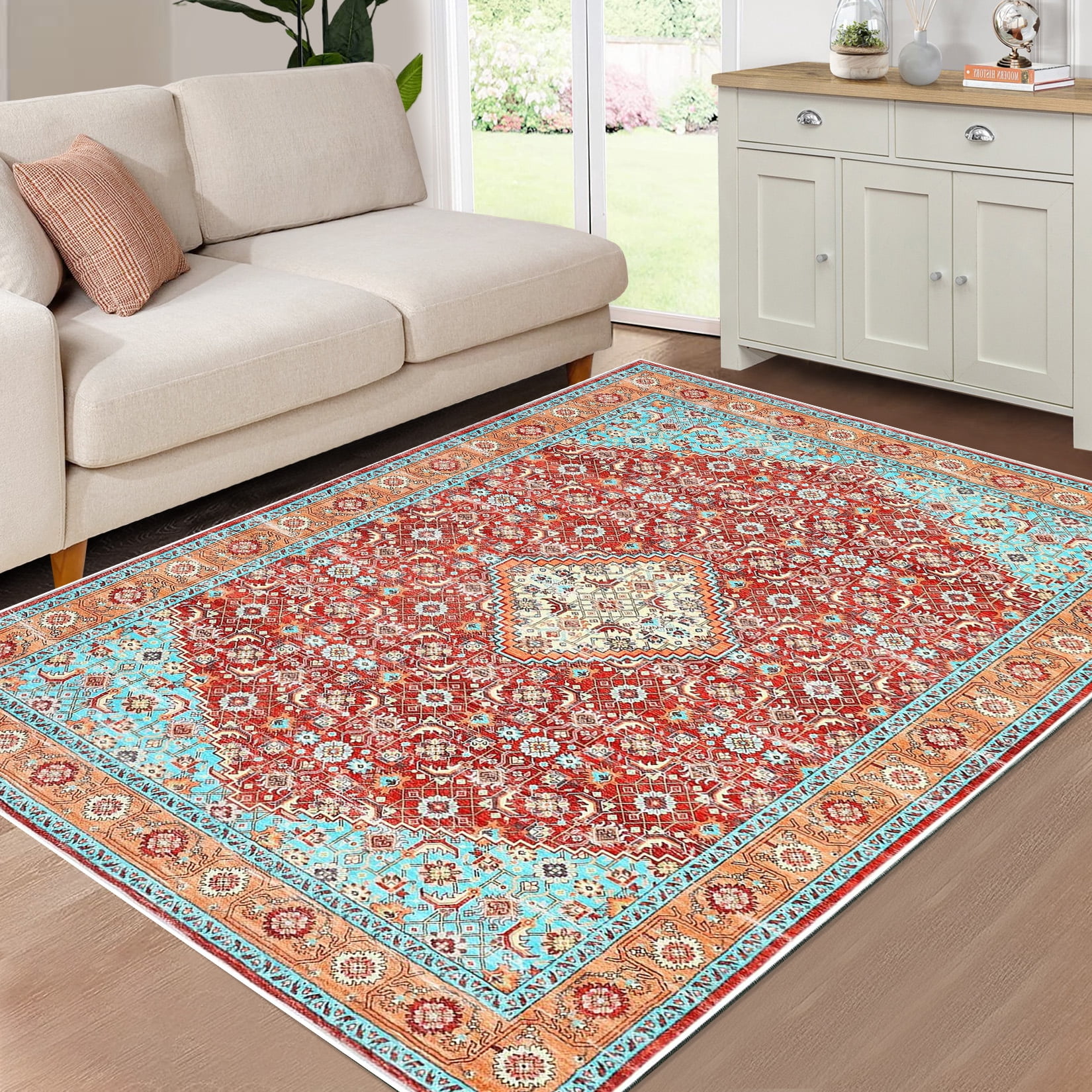 Tzou Persian Washable Rugs 6x9ft for Living Room(Red/Turquoise)