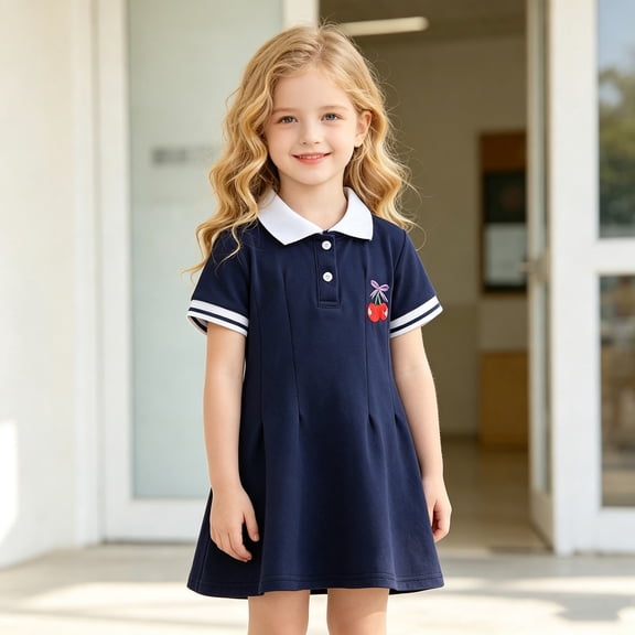 Trendfront Girls Polo Dresses Collared Neck Short Sleeve A Line Dress Cherry Embroidery Detail School Uniform Style Casual Outfit