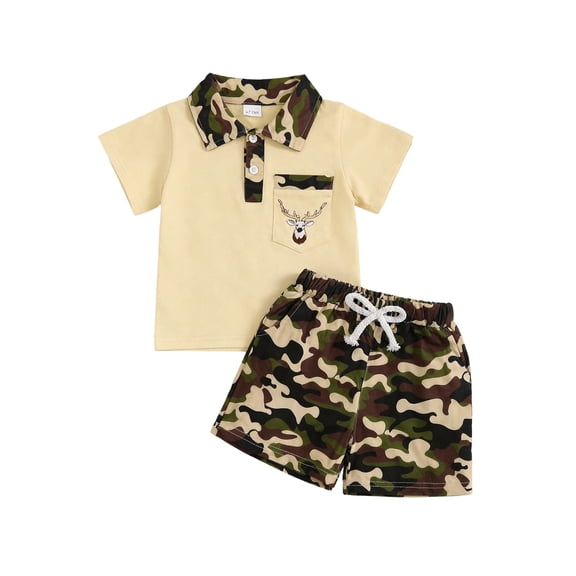 BemeyourBBs Baby Boy Hunting Clothes Kids Toddler Baby Boy Summer Camouflage Outfit Deer Head Embroidered Button Down Collar Short Sleeve Shirt Tops and Camo Shorts 2 Pcs Set