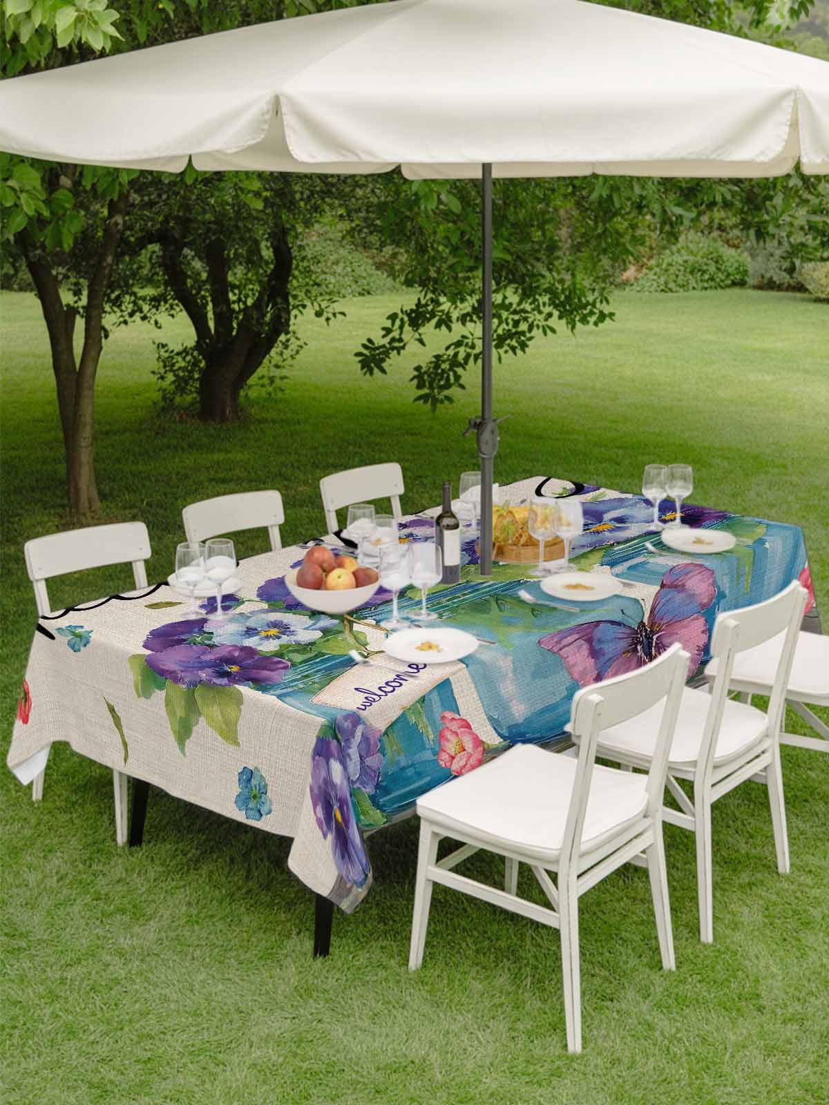 Hello Spring Outdoor Tablecloth - 52x70 Inch Rectangle Dining Table Cover, Pastoral Purple Bottle Floral Rustic Burlap Waterproof Outdoor Table Cloth with Umbrella Hole & Zipper for Picnic/Patio