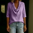 thumbnail image 5 of Ayolanni Cotton Blouses for Women 3/4 Sleeve Solid Cowl Neck Blouse Daily Casual Fitted Shirts Women's Tops, Tees & Blouse Purple XL, 5 of 6