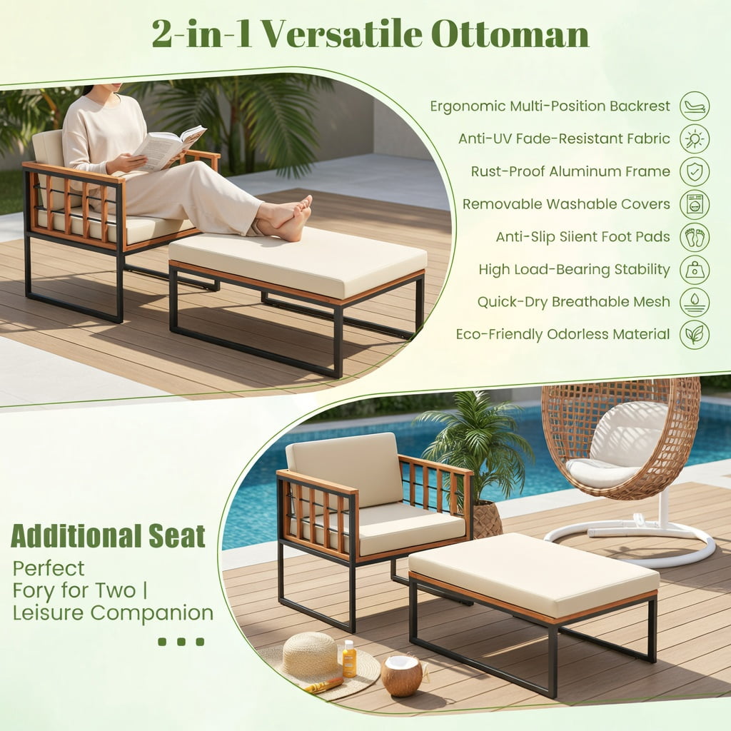 Hommoo Acacia Wood Patio Armchair Set with Matching Ottoman & Removable Cushions, Outdoor Lounge Chair for Backyard, Poolside, Balcony, Brown