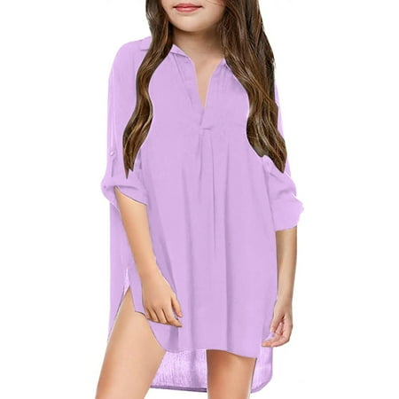 YOUSNH Little Girl s Kids Swimsuit Beach Cover up for Girl Chiffon Shirt Bikini Beachwear Bathing Suit Beach Dress Swim Coverup Dresses for Girls Purple 6-7 Years