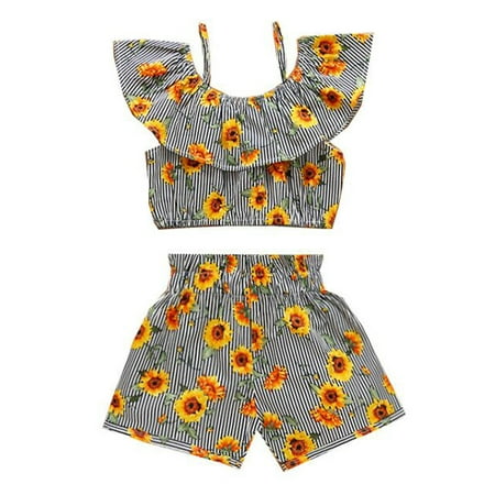 

Canrulo Toddler Little Girl Flower Off Shoulder Ruffle Romper Jumpsuit Clothes Set Yellow Sunflower 1-2 Years