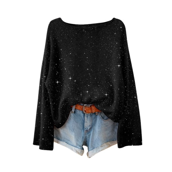XAOFW Women'S T Shirts Off Shoulder Pullover Star Print Sparkly Long Sleeve Comfort Soft Casual Daily Wear Tops