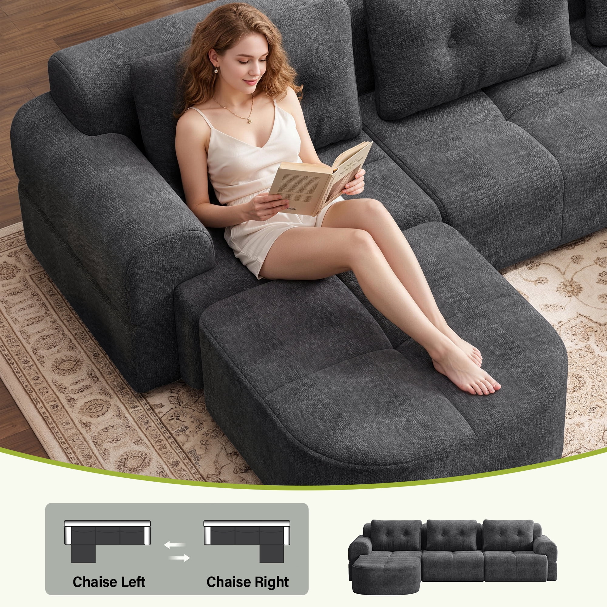 Aukfa 112" Modular Sectional Sofa with Chaise, Full-Foam Boneless Cloud Couch, Woven Chenille Oversized Deep Seat Sofa with 3 Pillows for Living Room, Dark Gray