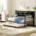 thumbnail image 5 of Homieasy Twin Daybed with Trundle, Twin to King Size Day Bed with Power Outlets & Upholstered Headboard, Metal Sofa Bed for Living Room, Bedroom, Guest Room, Black, 5 of 7