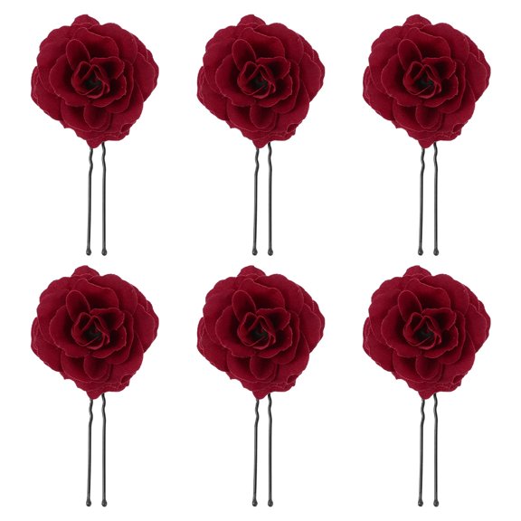 KONTONTY 6Pcs Retro Style Rose Hair Pin Dark Red Bridal Hair Accessory for Honeymoon and Parties