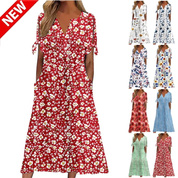 Tqyyweavej Women's Eyelet Summer Dresses Floral Flowy Short Sleeve Midi Dress Cinched Botton Color Block V Neck Dress Size S to 3XL