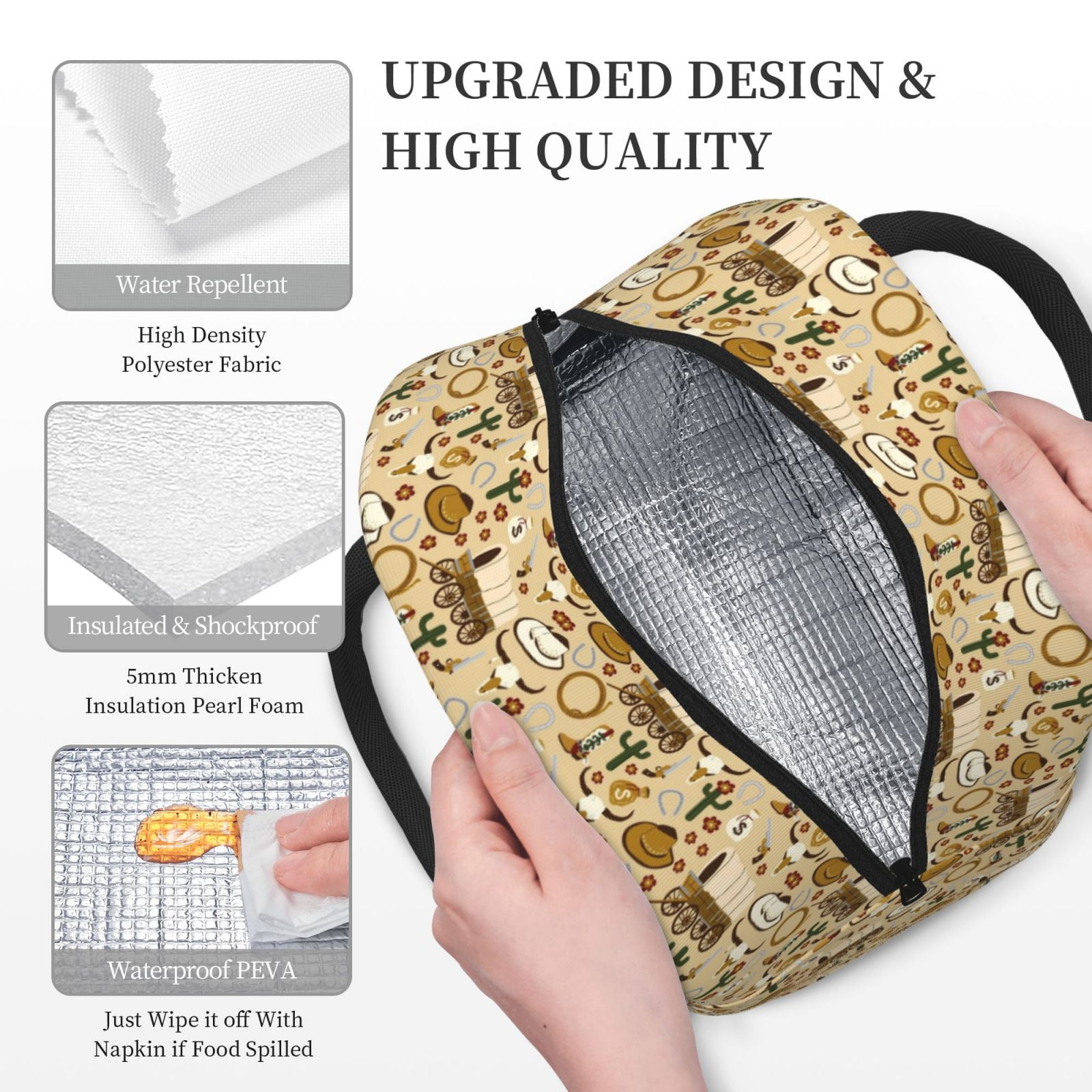 Defioc Wild West Cowboy Print LunchBag for Women and Men - Leakproof Cooler Tote Bag Organizer - Reusable Lunch Box for Office/Picnic/Hiking/Beach