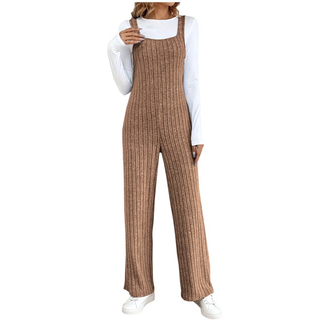 AherBiu Womens Ribbed Jumpsuits Sleeveless Square Neck Comfy Suspenders Slim Stretchy Rompers