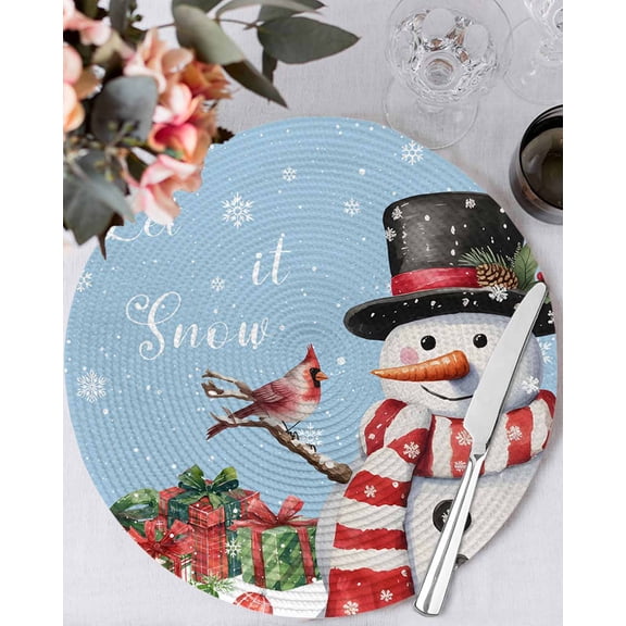 15 Inch Round Placemats Set of 6, Light Blue Snowman Christmas Non Slip Heat Insulation PP Table Mats, Winter Snowflake Xmas Gifts Washable Place Mats for Kitchen Dining Party Table Decor