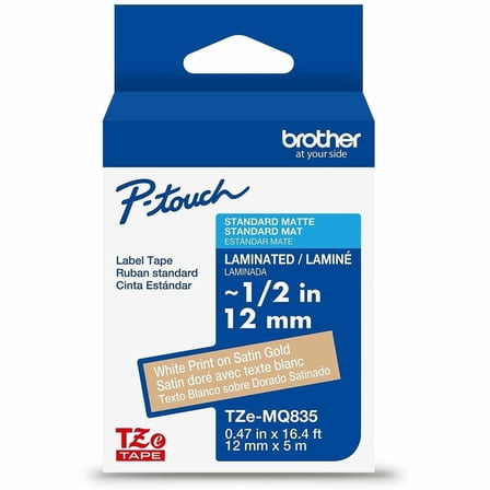 Brother P-Touch TZEMQ835 Laminated Label Tape, 12mm x 5m, White Print on Satin Gold