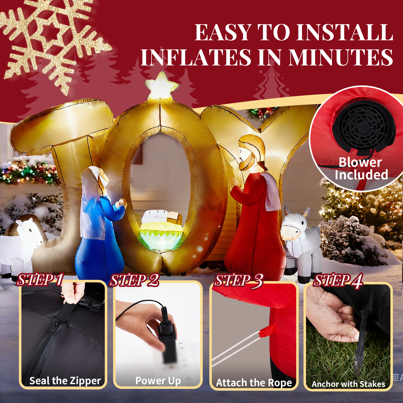 Astoutdoor Christmas Inflatable Decoration, Nativity Scene with JOY Sign, Built-in LED Lights, 88.6 x 29.5 x 55.1 in