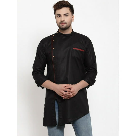 eloria Men's Traditional Black Angrakha Thread Work Kurta
